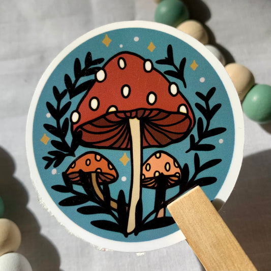 Red Mushroom with Leaves Sticker
